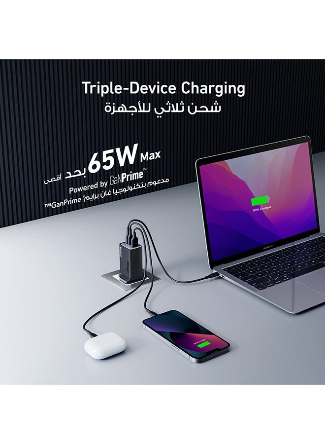 USB C Charger, 735 Charger GaNPrime 65W, PPS 3-Port Fast Compact Foldable Wall Charger for MacBook Pro/Air, iPad Pro, Samsung S25/S24, Dell XPS 13, iPhone 16/15/14, Huawei, Xiaomi, Redmi Black