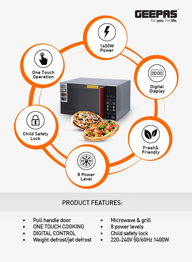 GEEPAS Digital Microwave Oven With Multiple Cooking Menus/Reheating And Defrost Function/Child Lock/Digital Controls 27 L 1400 W GMO1876-27LD Silver  - Image 3