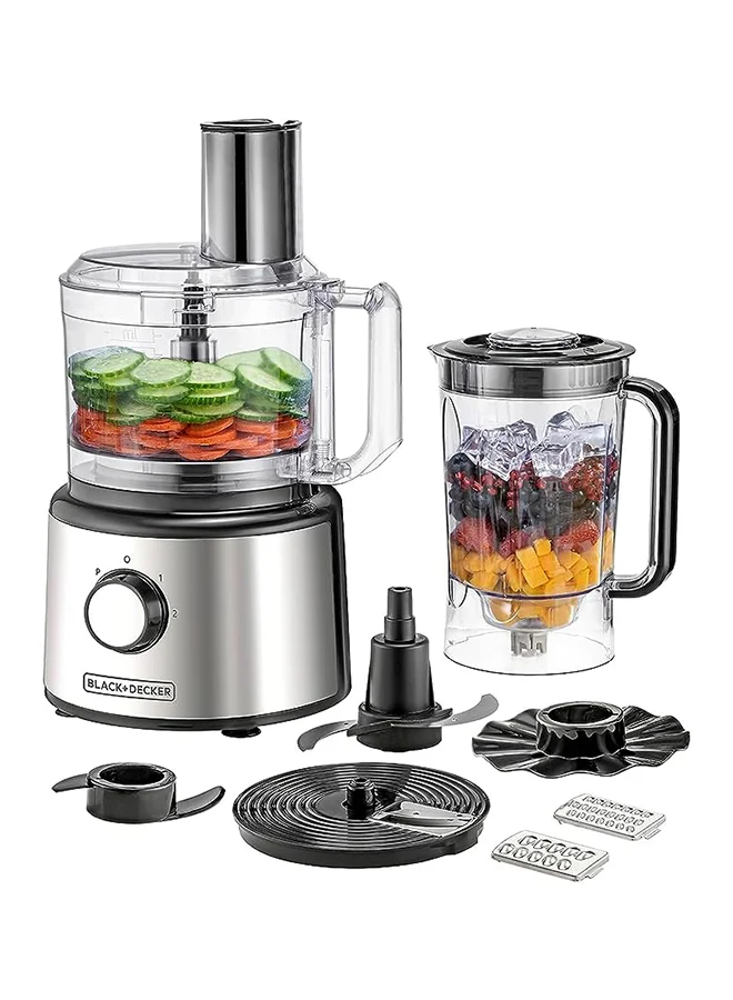 BLACK+DECKER Food Processor, 25 Functions, 2L Processing Bowl, 2.3L Blender Jar, 2-Speed + Pulse for Chopping, Slicing, Kneading, Whisking, 2 L 750 W FX760SB-B5 Silver/White