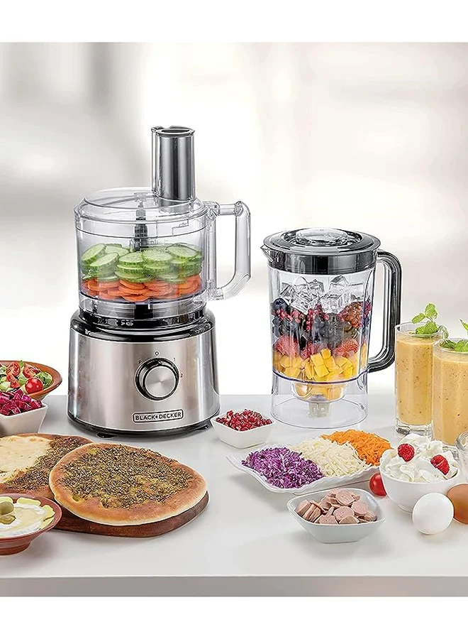 BLACK+DECKER Food Processor, 25 Functions, 2L Processing Bowl, 2.3L Blender Jar, 2-Speed + Pulse for Chopping, Slicing, Kneading, Whisking, 2 L 750 W FX760SB-B5 Silver/White