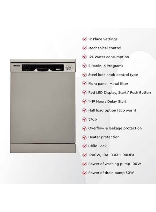 Nobel - 12 Place Settings Dishwasher, Mechanical control, 12L Water consumption, 2 Racks, 6 Programs, LED Display,1-19 Hours Delay Start, 57db, Overflow & leakage protection, Heater protection, Self Clean option, 59.8 x 59.8 x 85 cm 42 kg NDW6012 Silver - Image 1