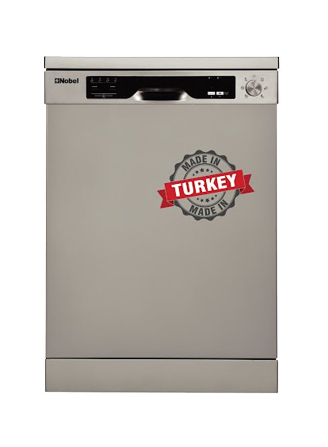 Nobel - 12 Place Settings Dishwasher, Mechanical control, 12L Water consumption, 2 Racks, 6 Programs, LED Display,1-19 Hours Delay Start, 57db, Overflow & leakage protection, Heater protection, Self Clean option, 59.8 x 59.8 x 85 cm 42 kg NDW6012 Silver - Image 1