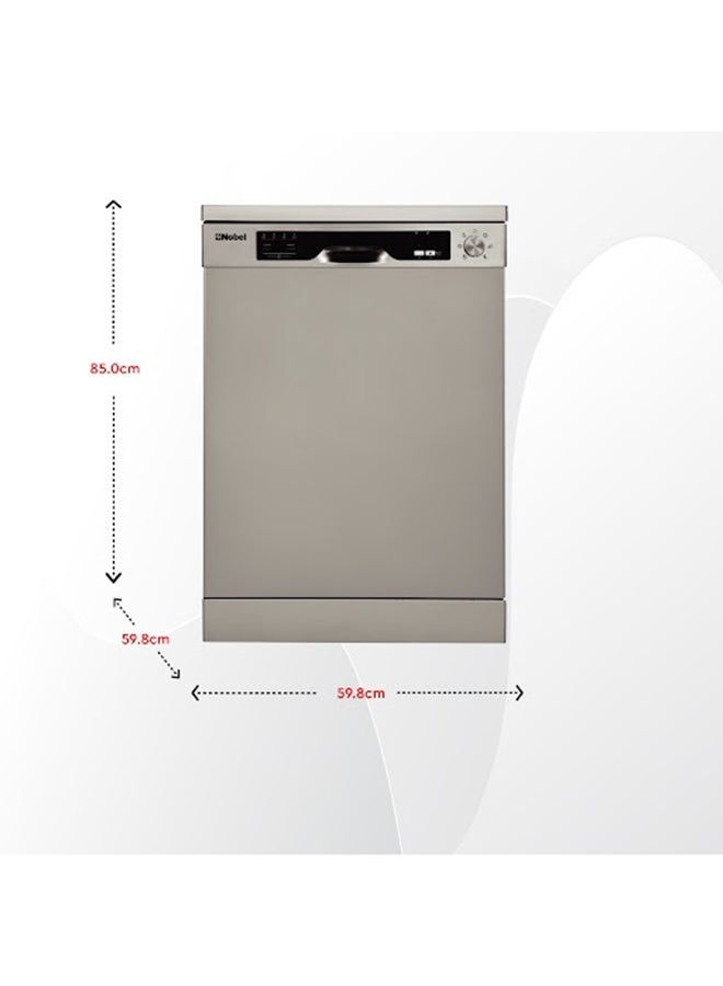 Nobel - 12 Place Settings Dishwasher, Mechanical control, 12L Water consumption, 2 Racks, 6 Programs, LED Display,1-19 Hours Delay Start, 57db, Overflow & leakage protection, Heater protection, Self Clean option, 59.8 x 59.8 x 85 cm 42 kg NDW6012 Silver - Image 1