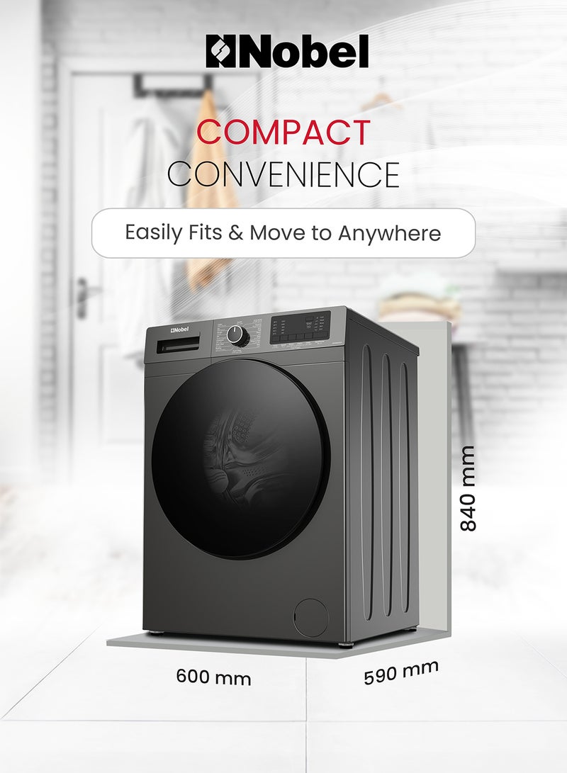 Nobel - 8 KG Front Load Fully Automatic Washer, 16 Number of Program, Inverter Motor, Stainless Steel Tub, LED Display, Over Flow Safety, 60 x 59 x 84 cm 8 kg NWM960RH Silver - Image 1