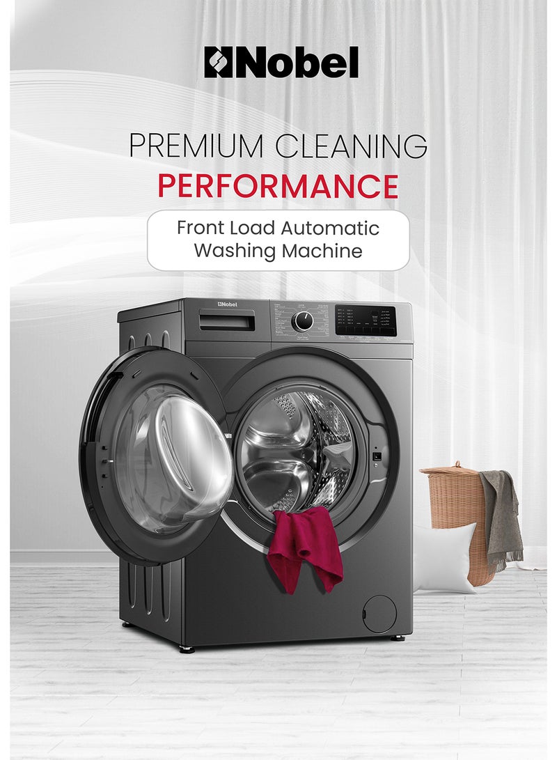 Nobel - 8 KG Front Load Fully Automatic Washer, 16 Number of Program, Inverter Motor, Stainless Steel Tub, LED Display, Over Flow Safety, 60 x 59 x 84 cm 8 kg NWM960RH Silver - Image 1