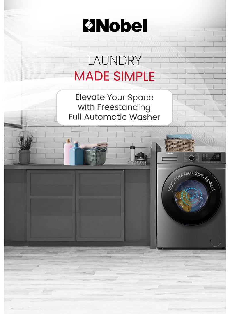 Nobel - 8 KG Front Load Fully Automatic Washer, 16 Number of Program, Inverter Motor, Stainless Steel Tub, LED Display, Over Flow Safety, 60 x 59 x 84 cm 8 kg NWM960RH Silver - Image 1