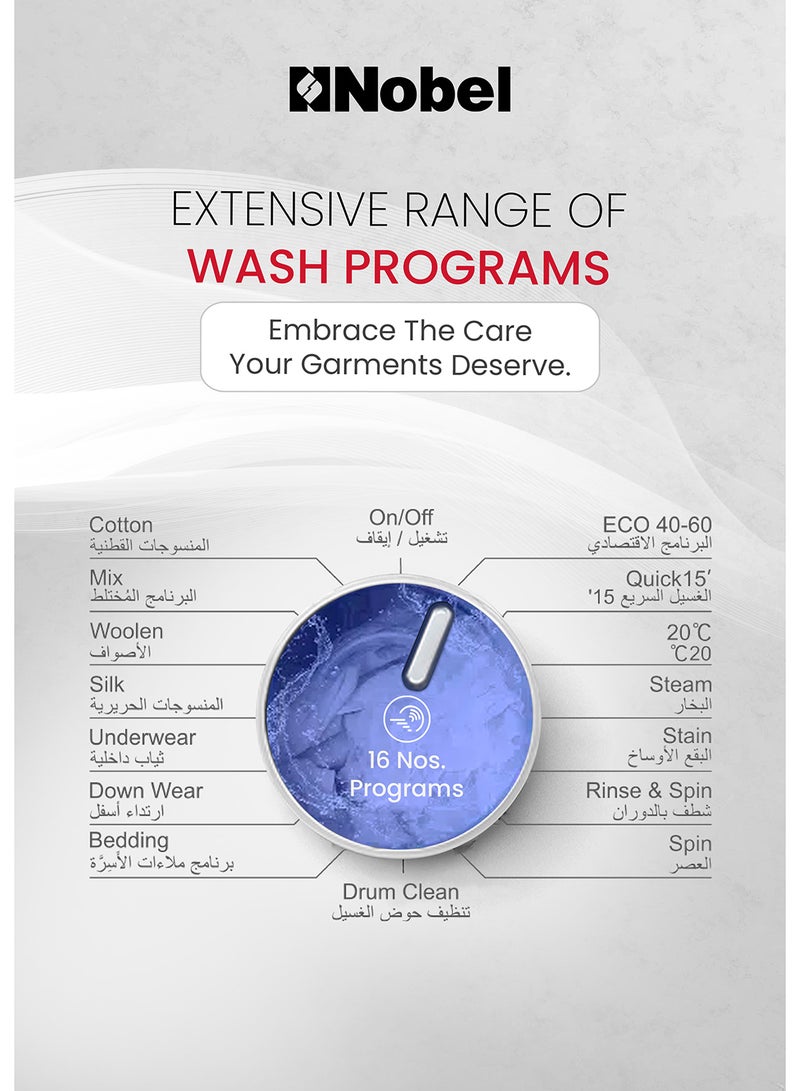 Nobel - 8 KG Front Load Fully Automatic Washer, 16 Number of Program, Inverter Motor, Stainless Steel Tub, LED Display, Over Flow Safety, 60 x 59 x 84 cm 8 kg NWM960RH Silver - Image 1
