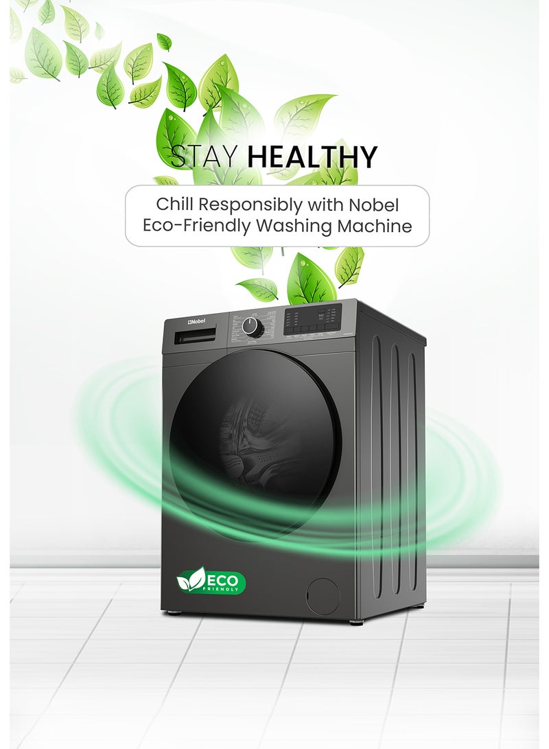 Nobel - 8 KG Front Load Fully Automatic Washer, 16 Number of Program, Inverter Motor, Stainless Steel Tub, LED Display, Over Flow Safety, 60 x 59 x 84 cm 8 kg NWM960RH Silver - Image 1