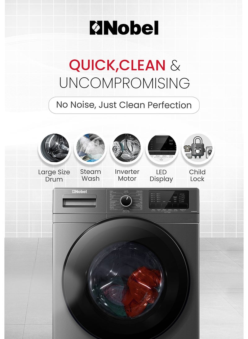 Nobel - 8 KG Front Load Fully Automatic Washer, 16 Number of Program, Inverter Motor, Stainless Steel Tub, LED Display, Over Flow Safety, 60 x 59 x 84 cm 8 kg NWM960RH Silver - Image 1