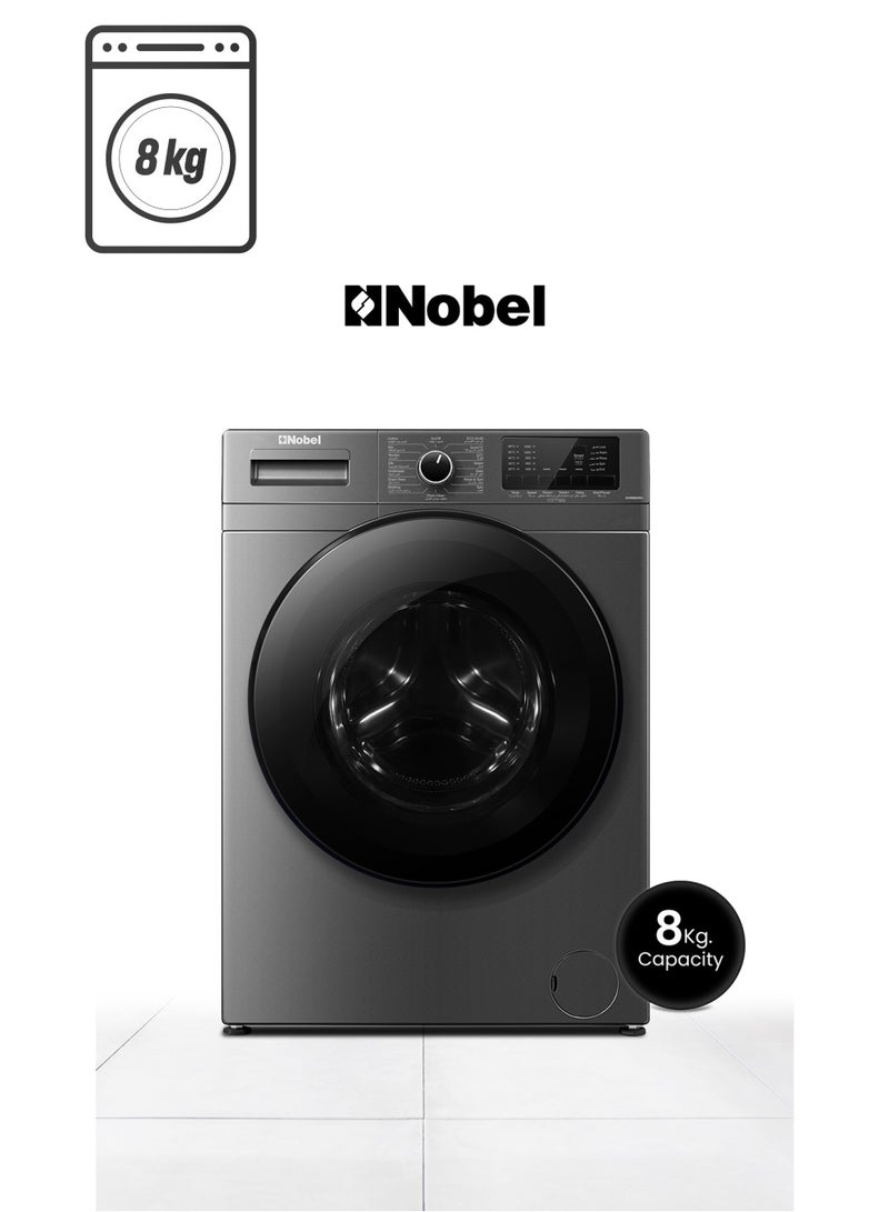 Nobel - 8 KG Front Load Fully Automatic Washer, 16 Number of Program, Inverter Motor, Stainless Steel Tub, LED Display, Over Flow Safety, 60 x 59 x 84 cm 8 kg NWM960RH Silver - Image 1