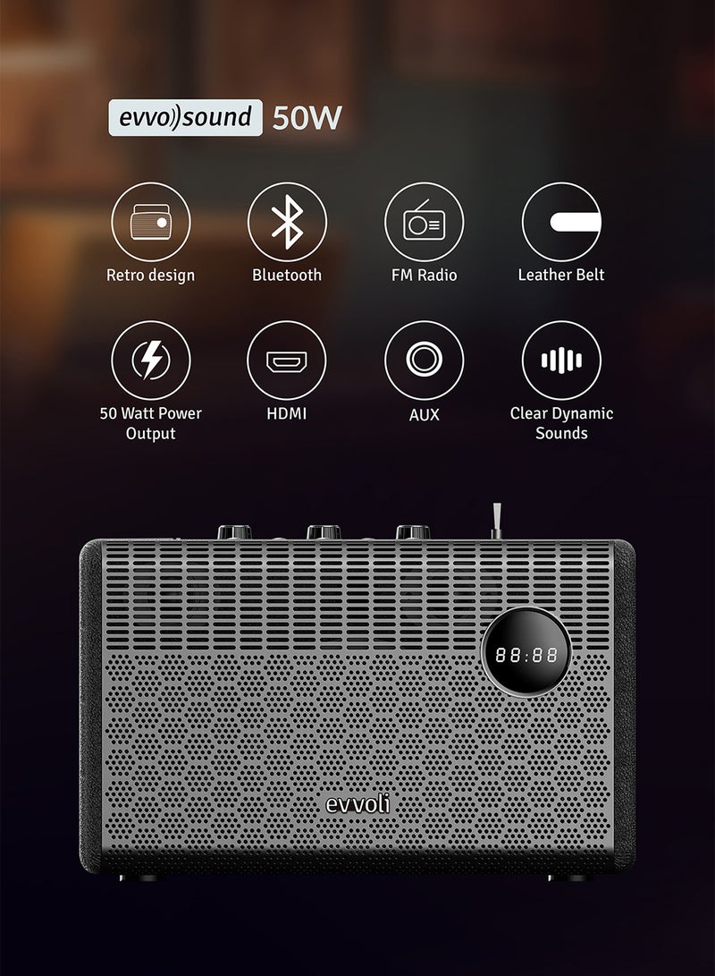 إيفولي مكبر صوت بلوتوث محمول لاسلكي ريترو بقوة 50 وات مع باس ثقيل للمنزل والخارج والمكتب والحفلات - Image 3