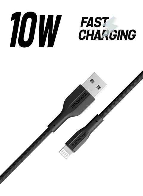 USB-A To Lightning Cable Durable 10W With 480 Mbps Data Transfer Black