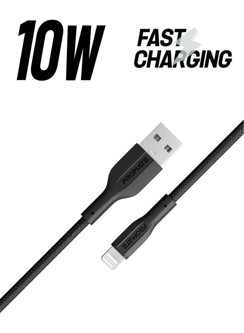 PROMATE - USB-A To Lightning Cable Durable 10W With 480 Mbps Data Transfer Black - Image 1