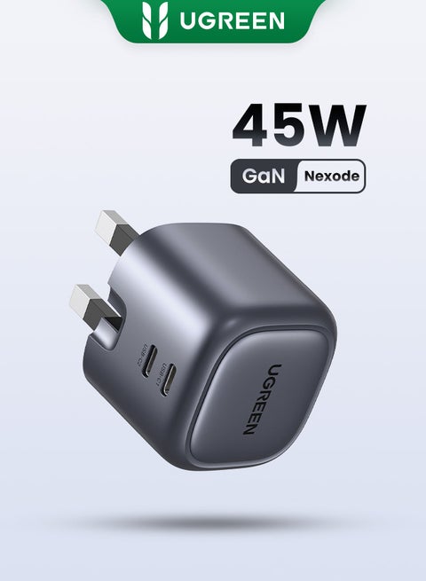 شاحن حائط سريع قابل للطي نيكسود بمنفذ مزدوج USB-C بقدرة 45 واط وتقنية جان من يوجرين، مناسب لجوالات سامسونج S23 الترا/S23 واجهزة اللابتوب وايفون وايباد وماك بوك رمادي فلكي