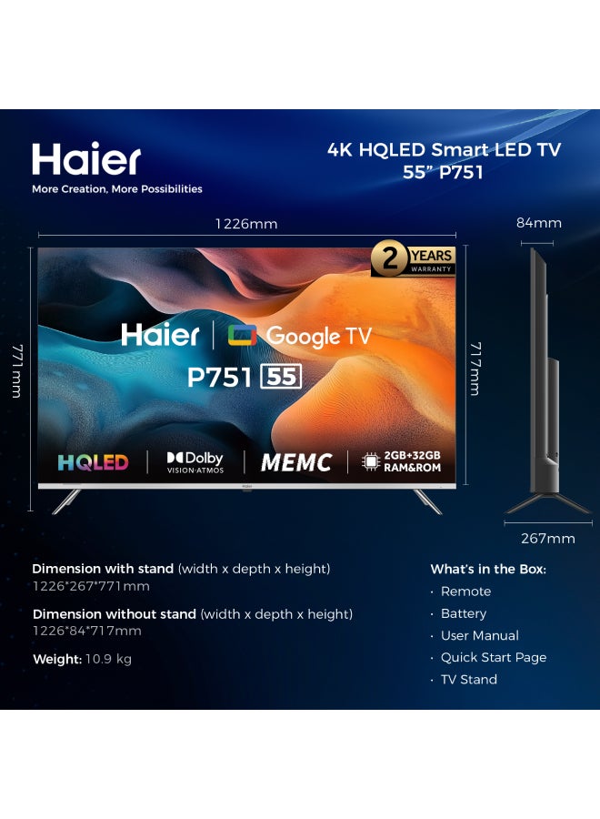 هاير - تلفزيون 55 بوصة - 4K - HQLED-HDR UHD GOOGLE TV - ريموت ماجيك - ريسيفر داخلي - موديل 2023 H55P751UX أسود H55P751UX أسود - Image 1