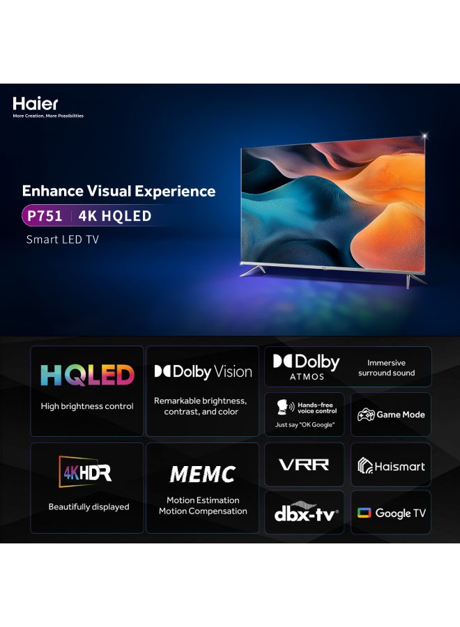 هاير - تلفزيون 55 بوصة - 4K - HQLED-HDR UHD GOOGLE TV - ريموت ماجيك - ريسيفر داخلي - موديل 2023 H55P751UX أسود H55P751UX أسود - Image 1