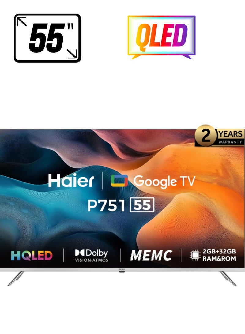 هاير - تلفزيون 55 بوصة - 4K - HQLED-HDR UHD GOOGLE TV - ريموت ماجيك - ريسيفر داخلي - موديل 2023 H55P751UX أسود H55P751UX أسود - Image 1