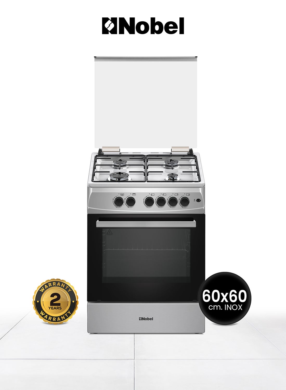 Nobel 60 x 60 Gas Cooker, 4 Gas Burner, Gas Oven & Gas Grill, 6 Knob Control, Manual Button Ignition, Stainless Steel Lid, Inner Light, 63 x 60 x 87 cm, Silver, Made In Turkey NGC6611 Silver 