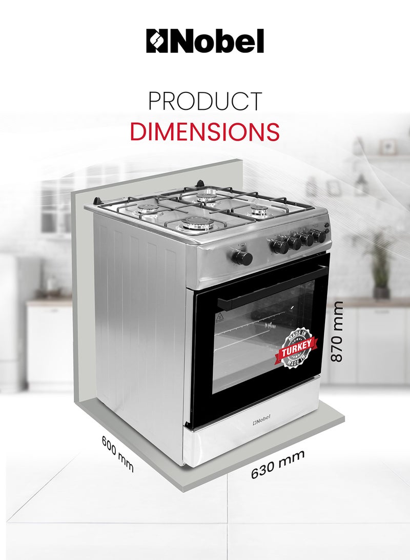 60 x 60 Gas Cooker, 4 Gas Burner, Gas Oven & Gas Grill, 6 Knob Control, Manual Button Ignition, Stainless Steel Lid, Inner Light, 63 x 60 x 87 cm, Silver, Made In Turkey NGC6611 Silver