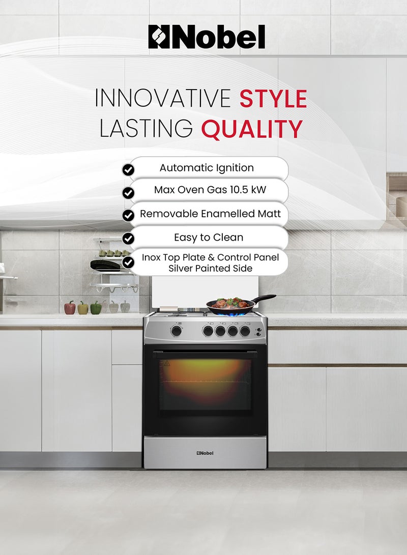60 x 60 Gas Cooker, 4 Gas Burner, Gas Oven & Gas Grill, 6 Knob Control, Manual Button Ignition, Stainless Steel Lid, Inner Light, 63 x 60 x 87 cm, Silver, Made In Turkey NGC6611 Silver