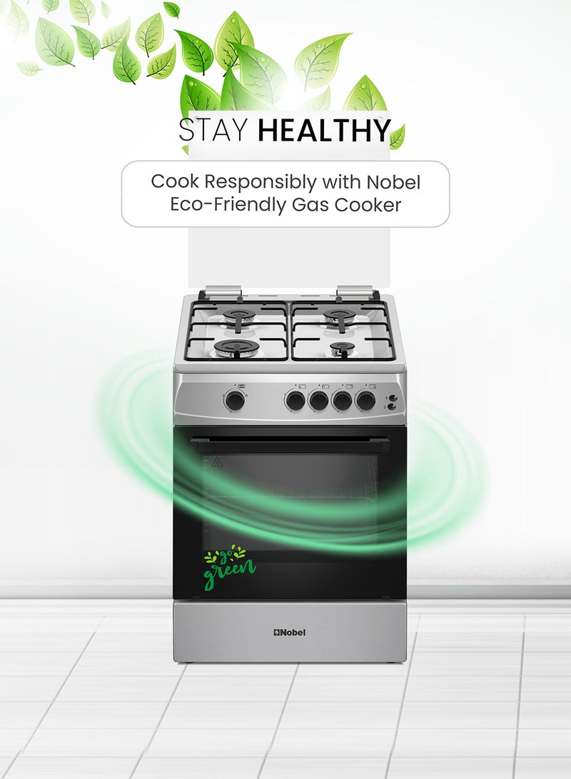 60 x 60 Gas Cooker, 4 Gas Burner, Gas Oven & Gas Grill, 6 Knob Control, Manual Button Ignition, Stainless Steel Lid, Inner Light, 63 x 60 x 87 cm, Silver, Made In Turkey NGC6611 Silver