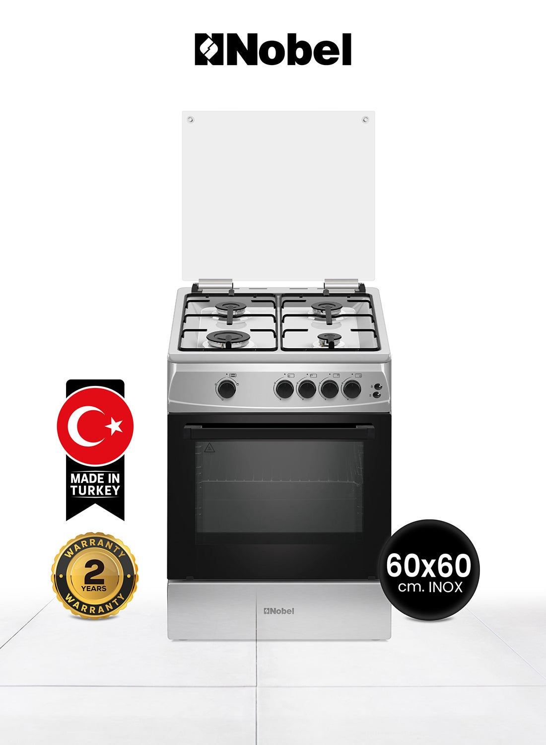 Nobel 60 x 60 Gas Cooker, 4 Gas Burner, Gas Oven & Gas Grill, 6 Knob Control, Manual Button Ignition, Stainless Steel Lid, Inner Light, 63 x 60 x 87 cm, Silver, Made In Turkey NGC6611 Silver 