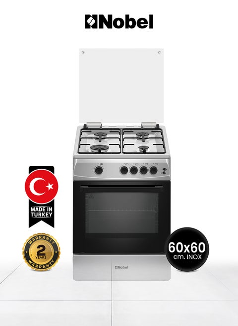 60 x 60 Gas Cooker, 4 Gas Burner, Gas Oven & Gas Grill, 6 Knob Control, Manual Button Ignition, Stainless Steel Lid, Inner Light, 63 x 60 x 87 cm, Silver, Made In Turkey NGC6611 Silver