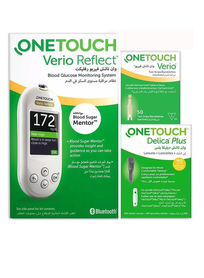 One Touch Verio Reflect Blood Glucose Monitoring System Verio Test Strips 50's Delica Plus Lancets 100's Offer Pack