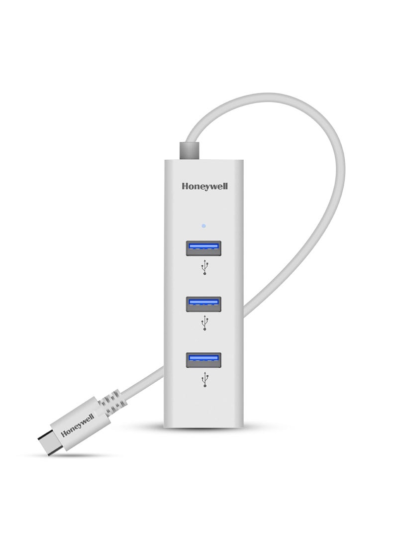 Honeywell Type C to 4 x USB 3.0 Hub, Super-Fast Transmission Speed 5Gbps, Max Current 900Ma Per Port, Compatible With All Type C- MacBook, Laptop, Pc, Printer, Mobiles, Keyboard White - Image 1