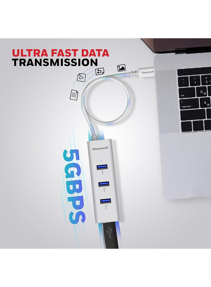 Honeywell Type C to 4 x USB 3.0 Hub, Super-Fast Transmission Speed 5Gbps, Max Current 900Ma Per Port, Compatible With All Type C- MacBook, Laptop, Pc, Printer, Mobiles, Keyboard White - Image 5