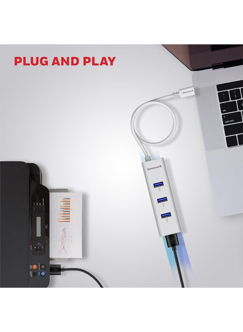 Honeywell Type C to 4 x USB 3.0 Hub, Super-Fast Transmission Speed 5Gbps, Max Current 900Ma Per Port, Compatible With All Type C- MacBook, Laptop, Pc, Printer, Mobiles, Keyboard White - Image 4