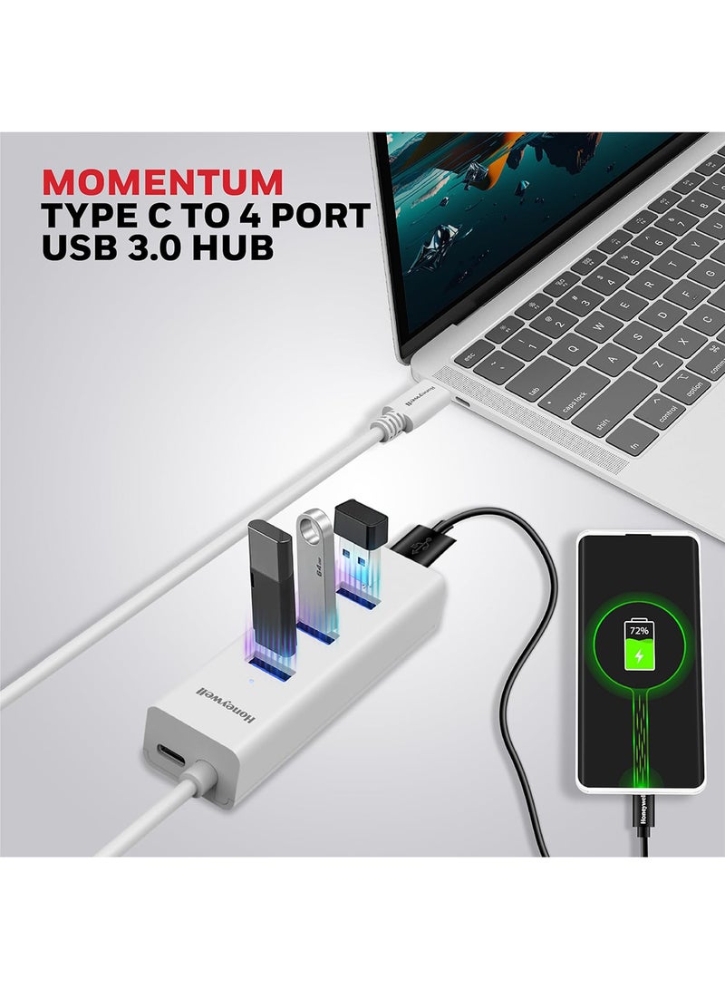 Honeywell Type C to 4 x USB 3.0 Hub, Super-Fast Transmission Speed 5Gbps, Max Current 900Ma Per Port, Compatible With All Type C- MacBook, Laptop, Pc, Printer, Mobiles, Keyboard White - Image 2