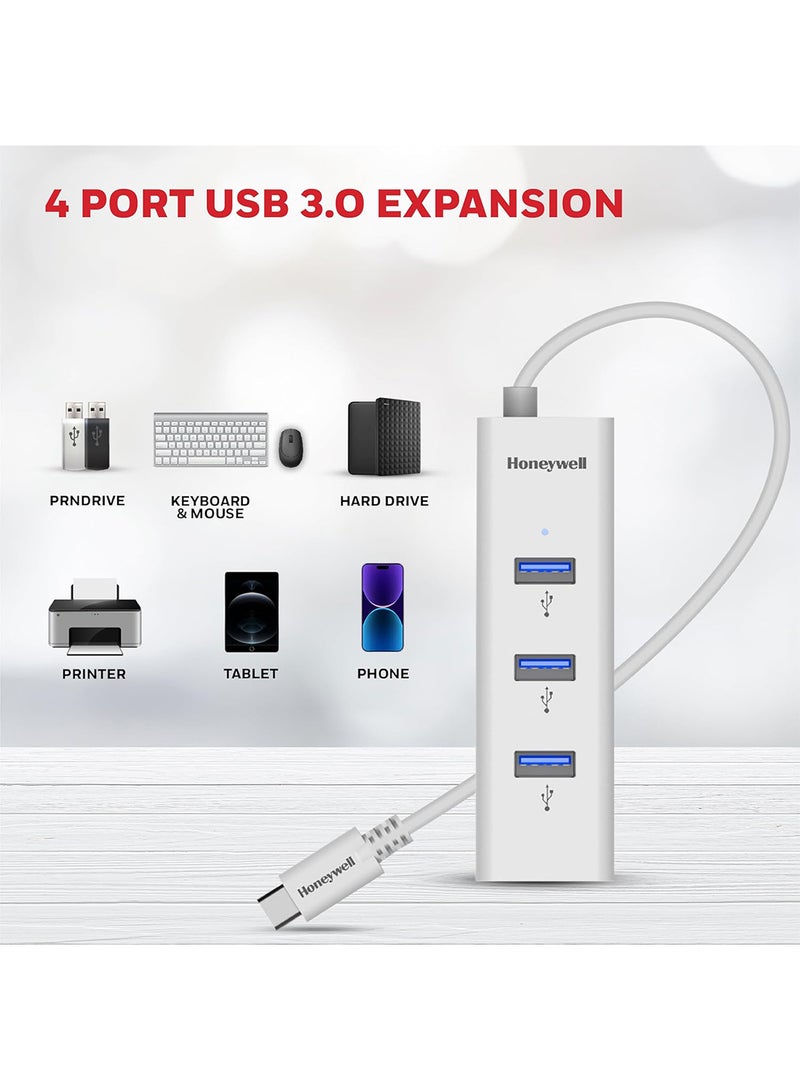 Honeywell Type C to 4 x USB 3.0 Hub, Super-Fast Transmission Speed 5Gbps, Max Current 900Ma Per Port, Compatible With All Type C- MacBook, Laptop, Pc, Printer, Mobiles, Keyboard White - Image 3