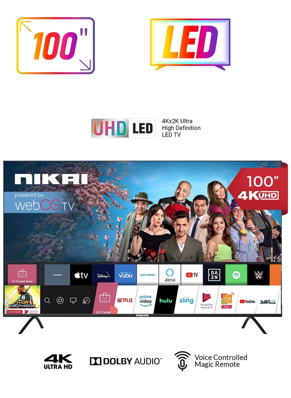 نيكاي تلفزيون ذكي 100 بوصة UHD LED WebOS سلسلة بلاتينية، جهاز تحكم عن بعد سحري، تصميم شاشة سينمائية 4K Ultra HDR، صوت دولبي، تحكم صوتي ذكي، تطبيقات يوتيوب، نيتفليكس، شاهد 