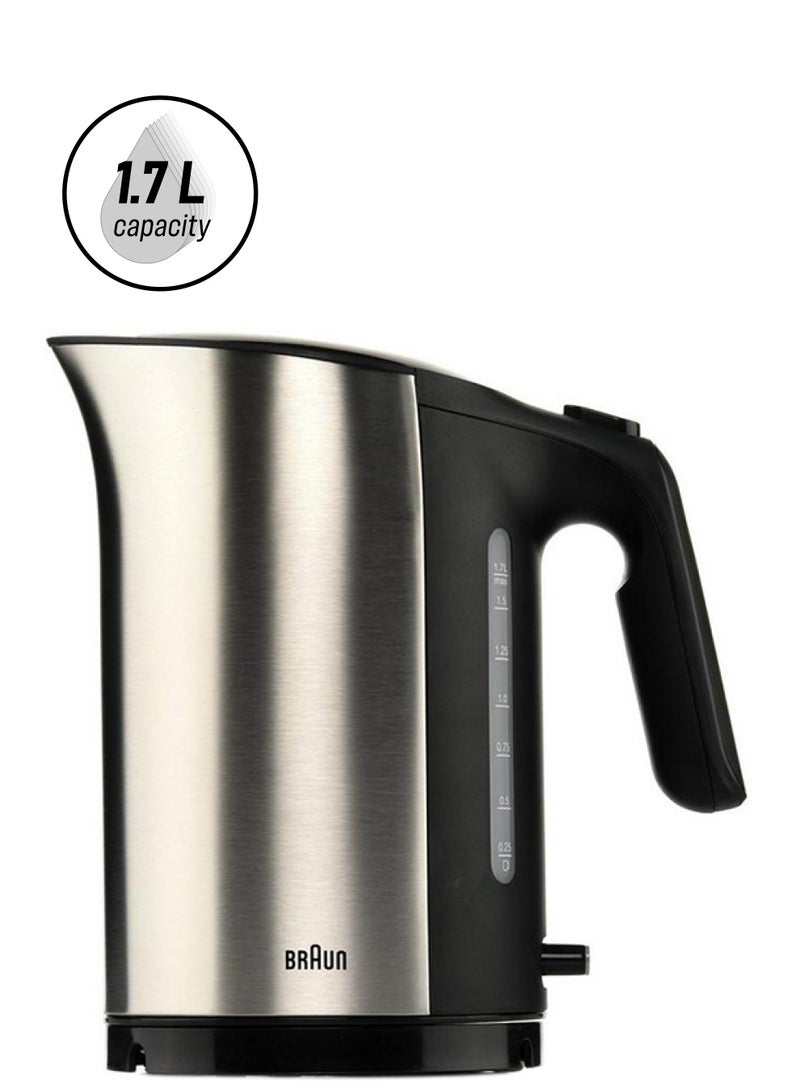 BRAUN - Electric Jug Kettle, Stainless Steel, Washable Anti Scale Filter, Double Sided Window 1.7 L 3000 W WK-5110-BK Silver/Black - Image 1