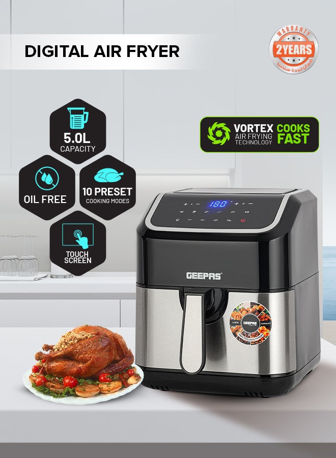 GEEPAS - Digital Air Fryer - Equipped With Vortx Air Frying Technology| Oil Free Cooking  Digital Display With Touch Screen| 10 Preset Cooking Modes, 1-60 Minutes Timer| Ideal For Making Fries, Steak, Chicken, Cake, Meat, Bread Etc 5 L 1600 W GAF37527 Black - Image 1