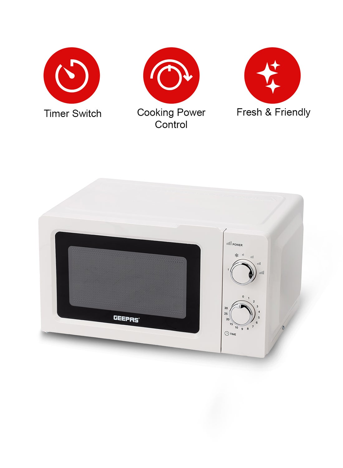 GEEPAS Microwave Oven with 5 Power Levels - Easy Reheating, Fast Defrost &Cooking End Signal with 30 Minute Timer Function - 2 Rotary Dials - Oven for Standard Size of Dinner Plate ,Chrome Knobs for Durability 20 L 1100 W GMO1899-20LS White 