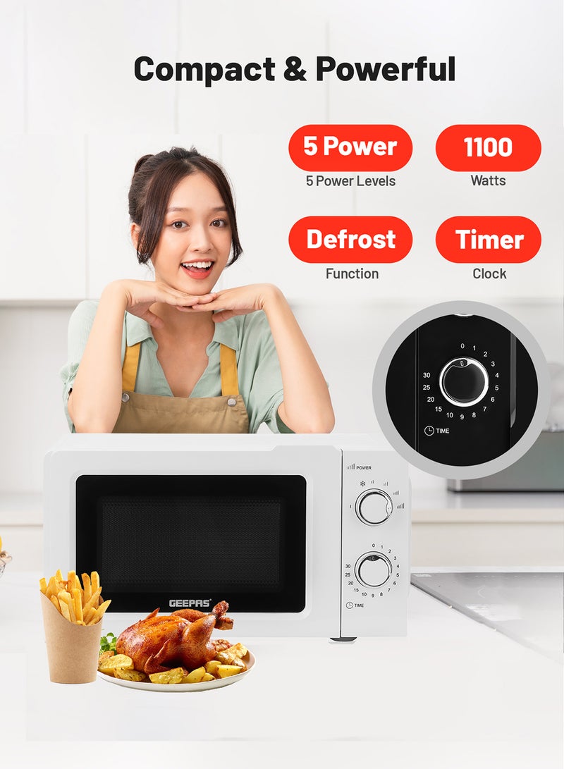 GEEPAS - Microwave Oven with 5 Power Levels - Easy Reheating, Fast Defrost &Cooking End Signal with 30 Minute Timer Function - 2 Rotary Dials - Oven for Standard Size of Dinner Plate ,Chrome Knobs for Durability 20 L 1100 W GMO1899-20LS White - Image 1