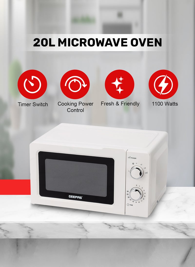 GEEPAS - Microwave Oven with 5 Power Levels - Easy Reheating, Fast Defrost &Cooking End Signal with 30 Minute Timer Function - 2 Rotary Dials - Oven for Standard Size of Dinner Plate ,Chrome Knobs for Durability 20 L 1100 W GMO1899-20LS White - Image 1