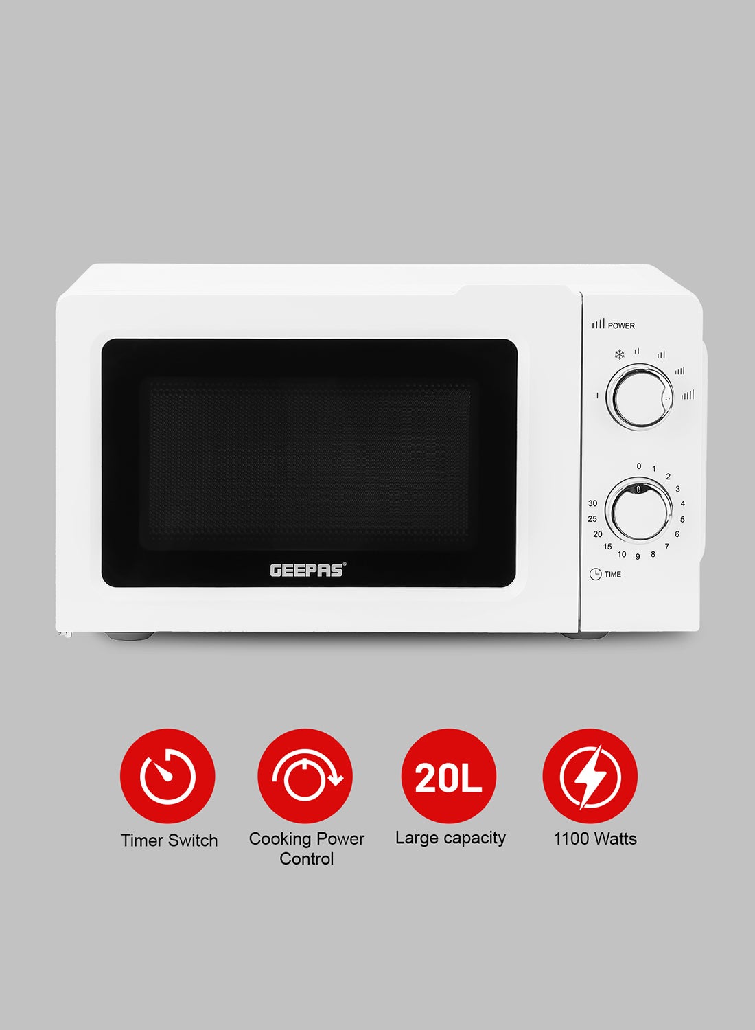 GEEPAS Microwave Oven with 5 Power Levels - Easy Reheating, Fast Defrost &Cooking End Signal with 30 Minute Timer Function - 2 Rotary Dials - Oven for Standard Size of Dinner Plate ,Chrome Knobs for Durability 20 L 1100 W GMO1899-20LS White 