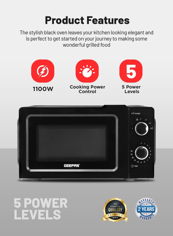 Microwave Oven with 5 Power Levels - Easy Reheating, Fast Defrost &Cooking End Signal with 30 Minute Timer Function - 2 Rotary Dials - Oven for Standard Size of Dinner Plate ,Chrome Knobs for Durability 20 L 1100 W GMO1899 Black