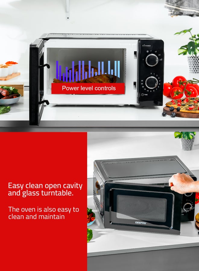 Microwave Oven with 5 Power Levels - Easy Reheating, Fast Defrost &Cooking End Signal with 30 Minute Timer Function - 2 Rotary Dials - Oven for Standard Size of Dinner Plate ,Chrome Knobs for Durability 20 L 1100 W GMO1899 Black