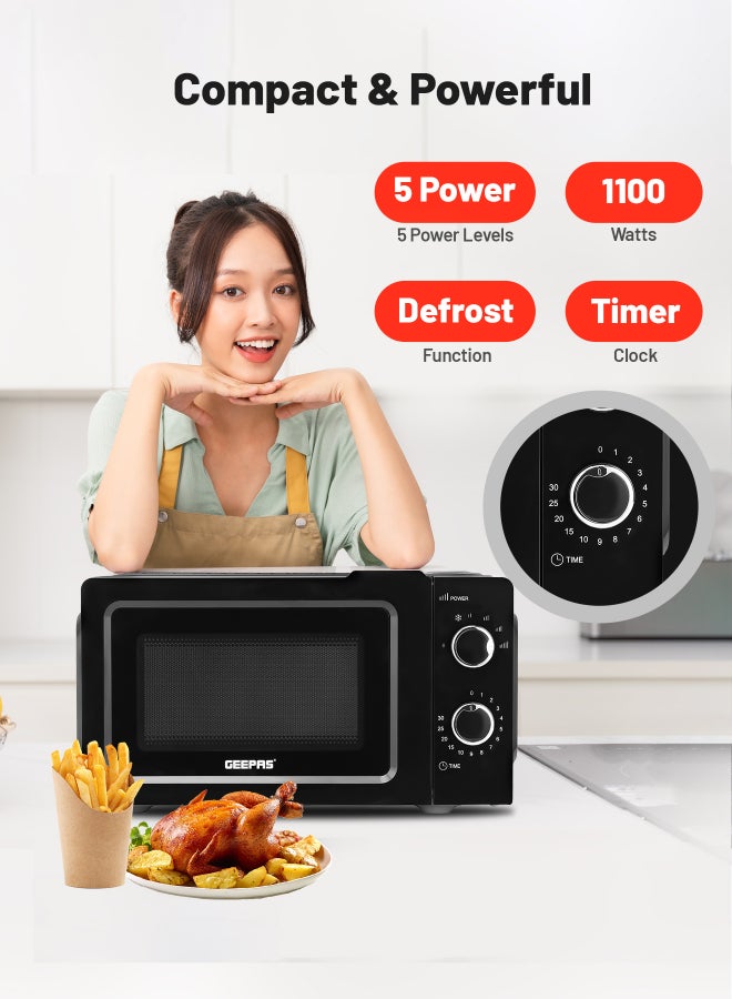 Microwave Oven with 5 Power Levels - Easy Reheating, Fast Defrost &Cooking End Signal with 30 Minute Timer Function - 2 Rotary Dials - Oven for Standard Size of Dinner Plate ,Chrome Knobs for Durability 20 L 1100 W GMO1899 Black