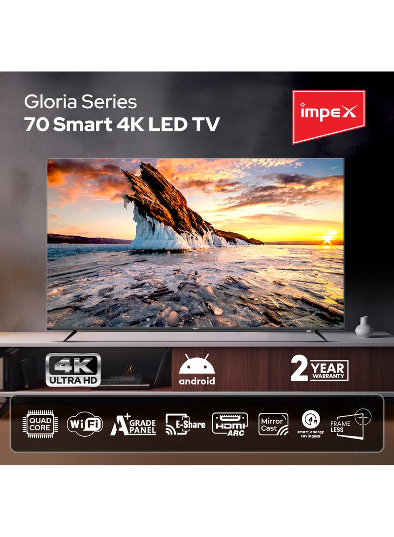 Impex - 70 Inch 4K Ultra HD Smart Android LED TV-Frame Less Design,Mirror Cast And E-Share, HDMI\USB\ Wi-Fi Input, Netflix, YouTube, Disney+, Apple TV+, Starz Play Arabia Gloria 70 UHD Smart Black - Image 1