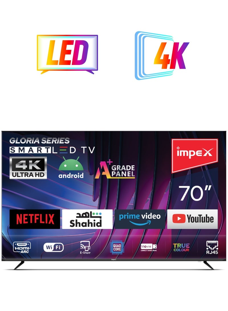 Impex 70 Inch 4K Ultra HD Smart Android LED TV-Frame Less Design,Mirror Cast And E-Share, HDMI\USB\ Wi-Fi Input, Netflix, YouTube, Disney+, Apple TV+, Starz Play Arabia Gloria 70 UHD Smart Black  - Image 1
