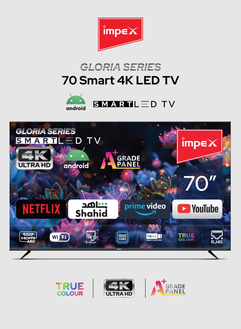 Impex 70 Inch 4K UHD Smart LED TV - Android, Quad Core, Frameless, A+ Panel, Wi-Fi, 3 HDMI, 2 USB, RJ45, DVB-T2, 3840x2160 Resolution, 176° View, Slim Design, 2 Year Warranty - Gloria 70 Smart - Black GLORIA 70 UHD SMART Black - Image 1