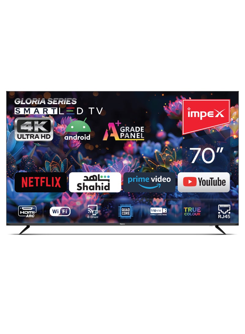 Impex 70 Inch 4K UHD Smart LED TV - Android, Quad Core, Frameless, A+ Panel, Wi-Fi, 3 HDMI, 2 USB, RJ45, DVB-T2, 3840x2160 Resolution, 176° View, Slim Design, 2 Year Warranty - Gloria 70 Smart - Black GLORIA 70 UHD SMART Black - Image 2
