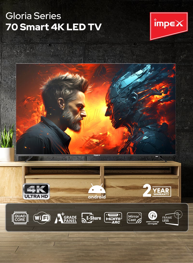 Impex 70 Inch 4K UHD Smart LED TV - Android, Quad Core, Frameless, A+ Panel, Wi-Fi, 3 HDMI, 2 USB, RJ45, DVB-T2, 3840x2160 Resolution, 176° View, Slim Design, 2 Year Warranty - Gloria 70 Smart - Black GLORIA 70 UHD SMART Black - Image 3