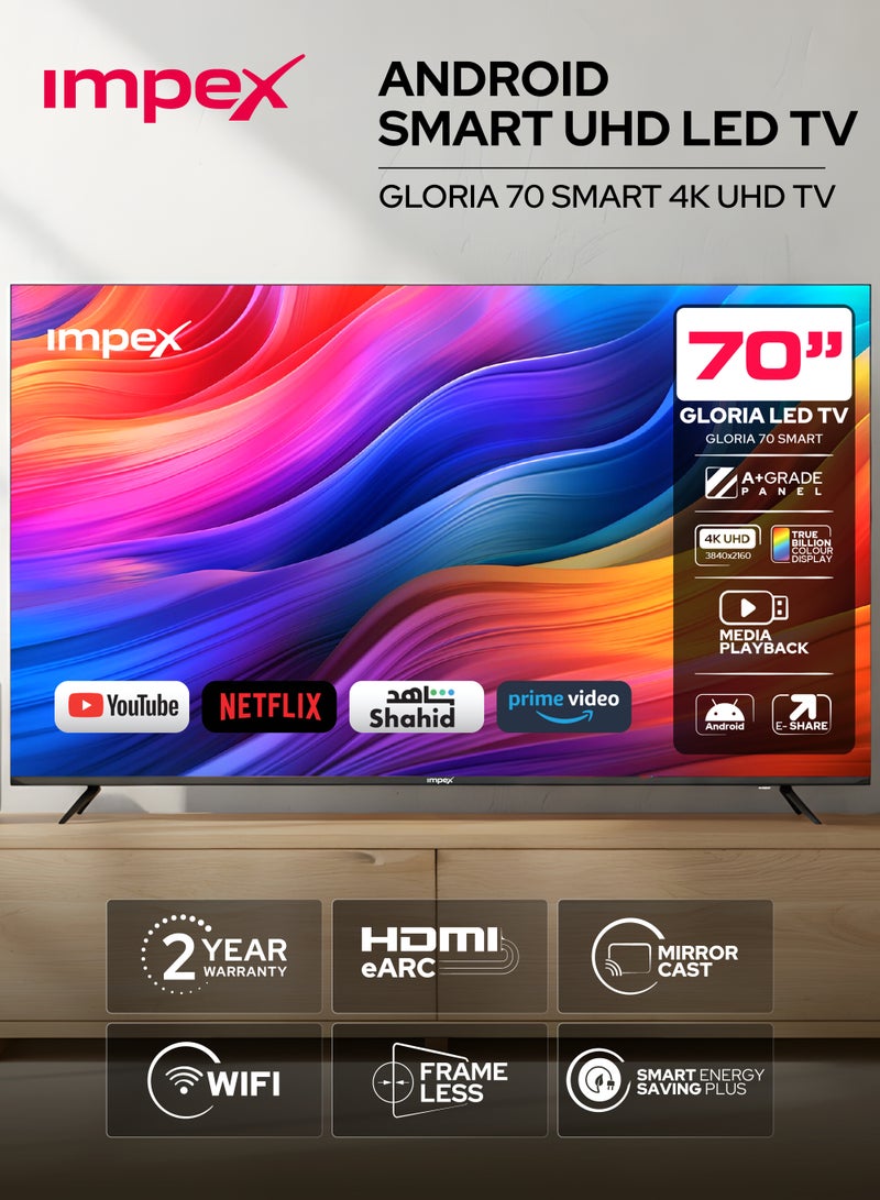 Impex 70 Inch 4K UHD Smart LED TV - Android, Quad Core, Frameless, A+ Panel, Wi-Fi, 3 HDMI, 2 USB, RJ45, DVB-T2, 3840x2160 Resolution, 176° View, Slim Design, 2 Year Warranty - Gloria 70 Smart - Black GLORIA 70 UHD SMART Black - Image 1