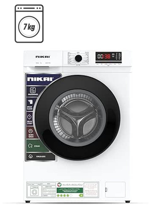 7KG 16 Programs Front Load Washer, Steam Wash, 1000 RPM, 4 Star Energy Saving Fully Automatic Washing Machine, Digital LCD Display, Child Lock, Best For Home And Small Family 7 kg 137 kW NWM701FN9 White